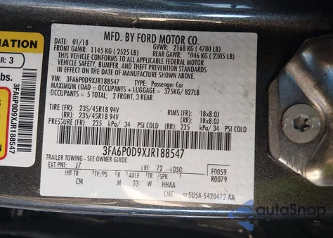 2018 Ford Fusion Titanium z USA, uszkodzony, nr VIN 3FA6P0D9XJR188547